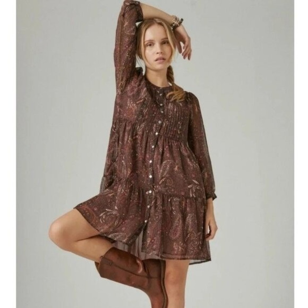 Lucky Brand Brown Paisley‎ Babydoll Dress Boho Long Sleeve Size Large Lined Body